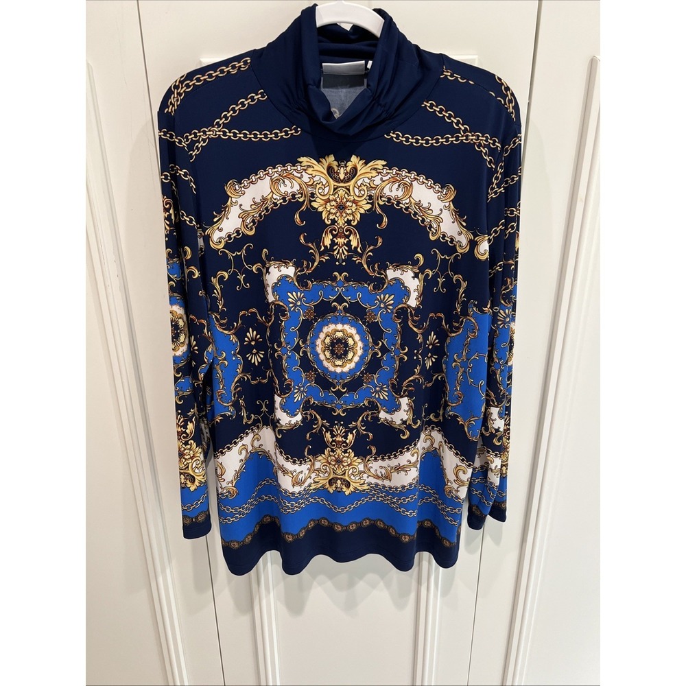 Susan Graver Size 1X Chain Print Liquid Knit Mock Neck Top Blue Gold Baroque